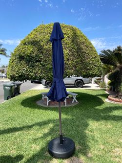 Patio table umbrella with base, navy blue