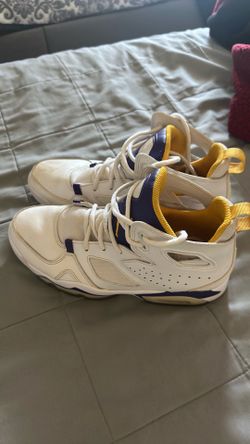 Nike Jordan Flight Club '91 sneakers in the "Lakers" white, court purple, and university gold colorway