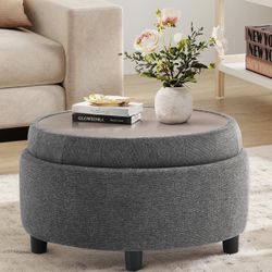 COLAMY Fabric Round Storage Ottoman with Reversible Tray Lid – Multi-Functional Footrest, Hidden Storage, Sturdy & Stylish Small Coffee Table for Livi