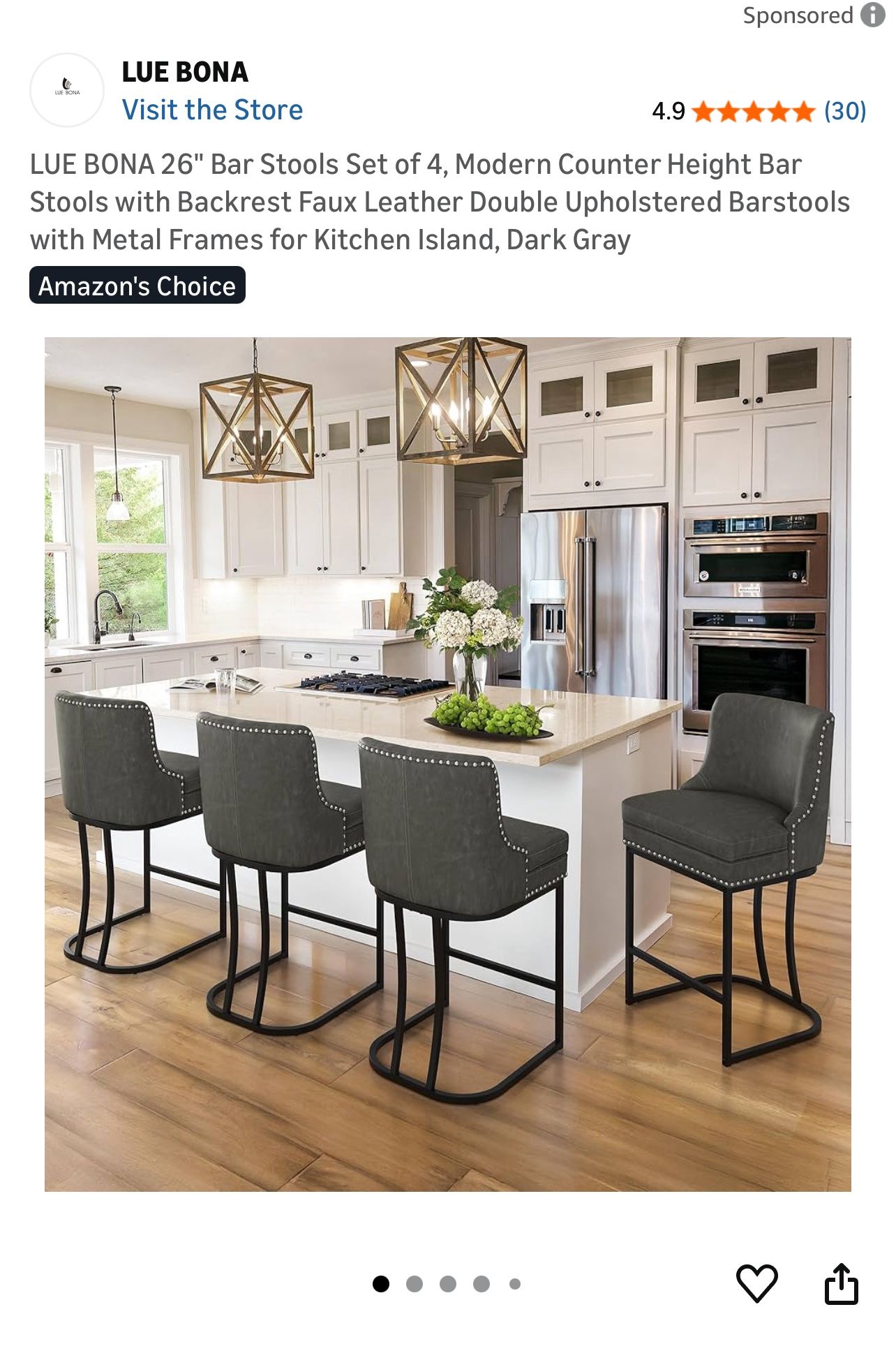 Set Of 4 LUE BONA 26" Bar Stools Set of 4, Modern Counter Height Bar Stools with Backrest Faux Leather Double Upholstered Barstools with Metal Frames