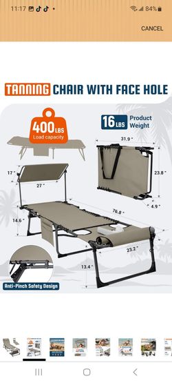KingCamp 400LBS Lounge Chair with Face Hole & Canopy Shade, Beige 1‑Pack
Folding Portable Tanning Chair with Pinch-Proof Safety Design, Adjustable 5-P