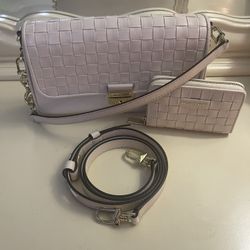 MICHAEL KORS Bradshaw Woven Leather Shoulder Crossbody Bag Cream Beige Wallet