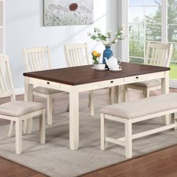 💈 Dining Set 6 Pcs, Cottage Style White And Walnut, Table With Drawers, New !