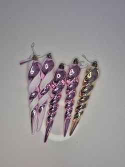 Lot of 5 Pink Gold Spiral Icicle Christmas Ornaments Glitter Plastic Long