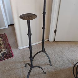 2 Vintage Black Wrought Iron Tall Spiked Candle Holders 
