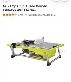 Ryobi 4.8 -Amps 7 in. Blade Corded Tabletop Wet Tile Saw like new as is $70