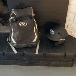 Like New Rawlings Baseball Bag And Matte Black Rawlings Helmet Size 