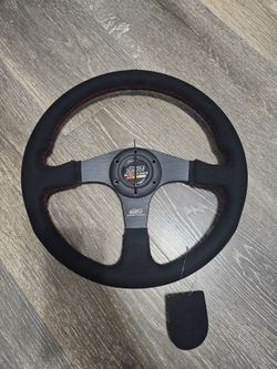 Brand New 14" MUGEN Style Racing Black Stitching Leather Suede Sport Steering Wheel w Horn Button