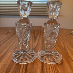 Lead Crystal Candle Sticks 7"tall Sun Flower Etching VINTAGE very heavy