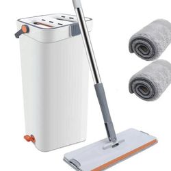 Flat Mop and Hands-Free Bucket Set (includes 2 mop sponges) - Suitable for Home Use, in the Kitchen and Bathroom - Can be Used for Dry and Wet Cleanin