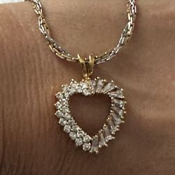 Gold Vermeil Sterling Silver Heart with Cubic Zirconia 11 Baguette & 22 Round CZ's on a 16" Gold Filled Necklace.