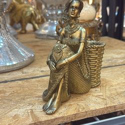 Golden Decorative Figurine Woman with Basket