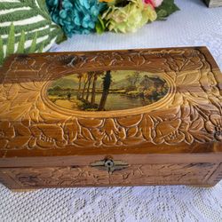 Antique Vintage Wooden Carved Jewelry Trinket Box with Mirror
