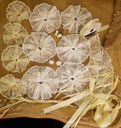 Yellow Satin Ribbon, Lace Doilies and Silk Rosette FlowersSet
