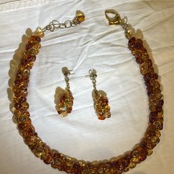 Faux Amber Necklace And Earrings 