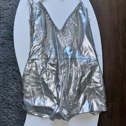 EDC Rave Silver Rhinestone Fringe Bodysuit 🩶✨