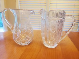 Two (2) Crystal Pitchers 8.5" Tall