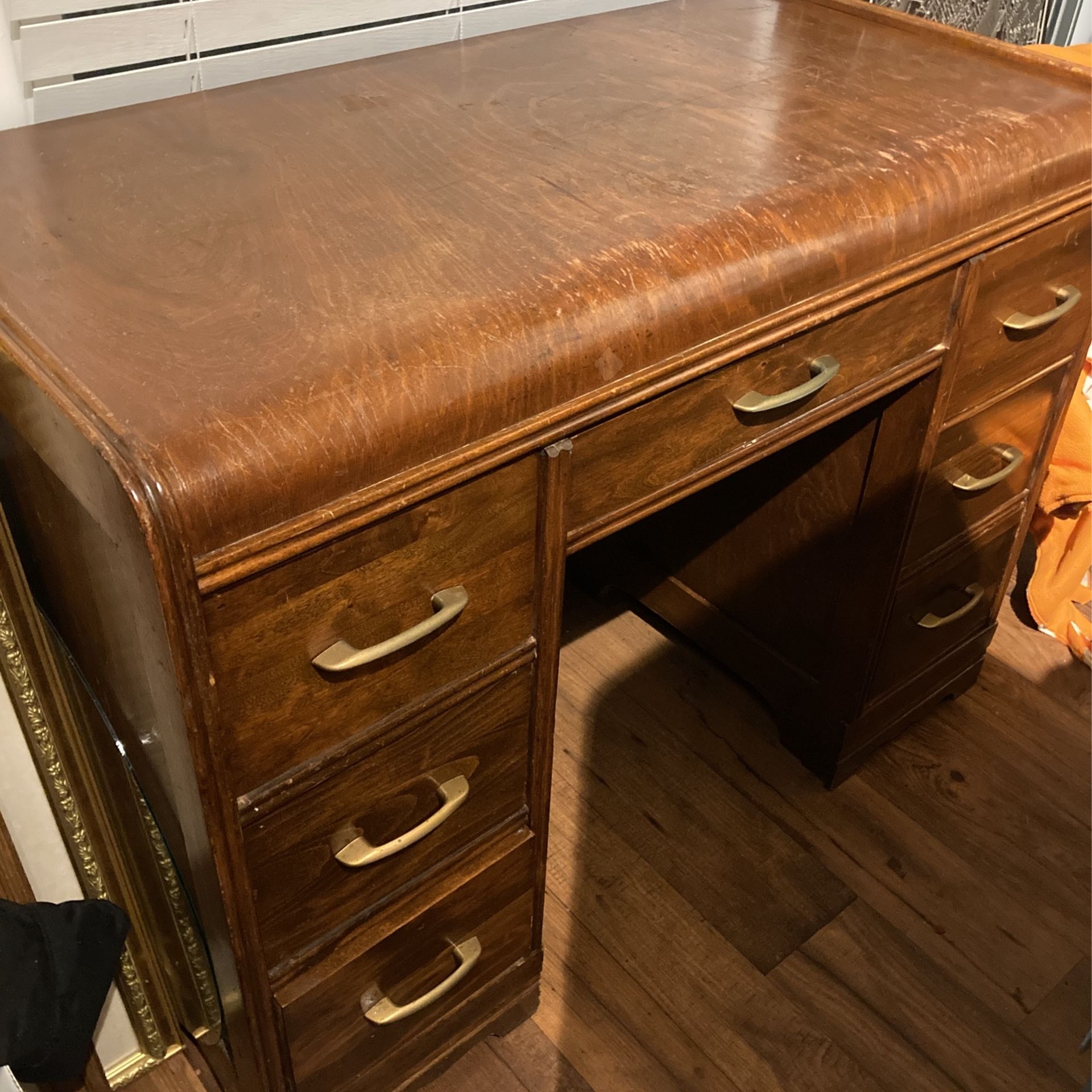 Antique Art Deco Walnut Waterfall Kneehole Writing Desk Vanity Dressing Table