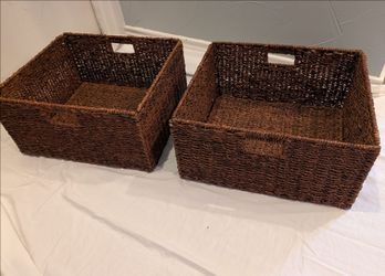 Brown Foldable Wicker Rectangular Storage Bins with Iron Wire Frame & Integrated Handles (2)