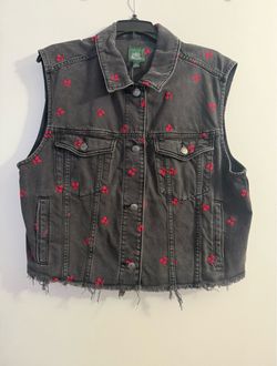 an embroidered cherry denim vest