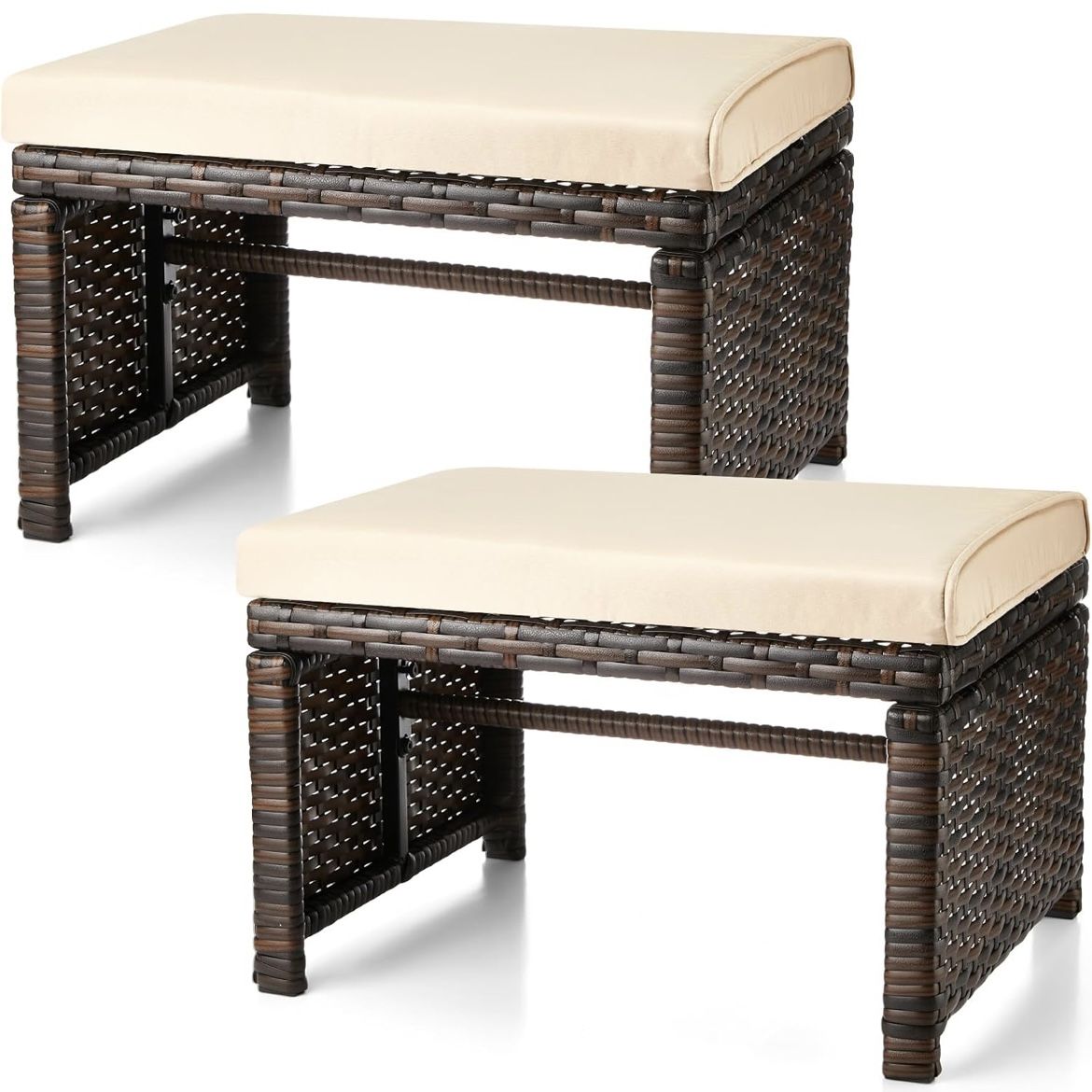 Wicker Ottomans, Set of 2 Footrest with Removable Cushion, 2pcs PE Rattan Side Table Additional Seating Multipurpose Outdoor Furniture for Patio, Back