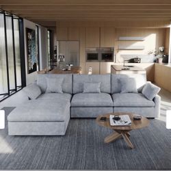 BRAND NEWW Light Grey L-shape Linen Upholstered Sofa Multiple Cushions Sectional Couch