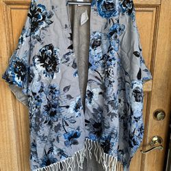 Liz Claiborne Womens Open Front Shawl Poncho Wrap One Size Blue Floral Fringe