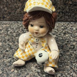 Vintage Signed Porcelain Child & Soccer ball  Figurine Made In Italy