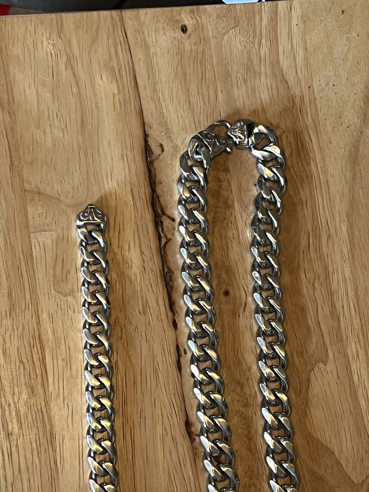 Silver Stainless Steel Miami Cuban Link Chain & Bracelet 