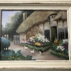Signed Domina Framed Cottage Oil Painting (22” x 16”)