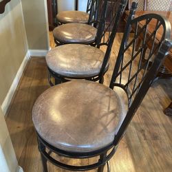 4 Leather & Metal Bar Stools In Brown