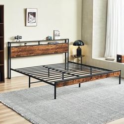 New King Platform Bed Frame with Charging Station, Headboard, No Box Spring, Rustic Brown