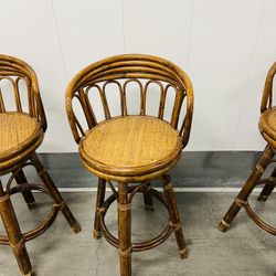 3 Vintage Boho MCM Jungalow Tiki Coastal Reed Bamboo Rattan Swivel Bar Stools