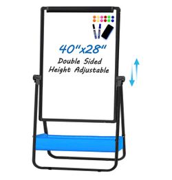 Dry Erase White Board with Stand Double Sided 40"X28" Magnetic U Standing Easel Whiteboard, Height Adjustable & 360° Rotation Portable White Boards fo