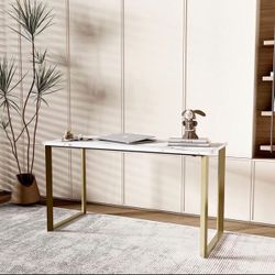 55” White Faux marble top Mental Legs Desk/dinning Table