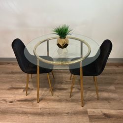Black Gold Modern Velvet Glass Dining Set For 2