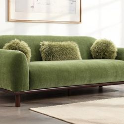 Brand New Olive Green Chenille Mid-Century Modern Style Sofa (Pillows Included)