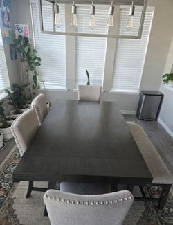 Modern Extendable Dining Table Set – Table, 6 Chairs & Bench – Seats Up to 8