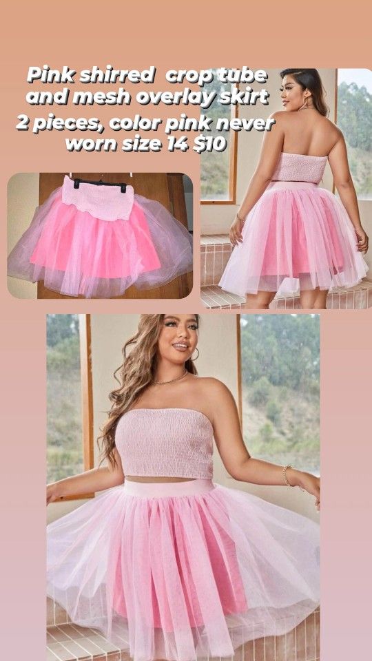 Pink Shirred Crop Tube & Mesh Overlay Skirt