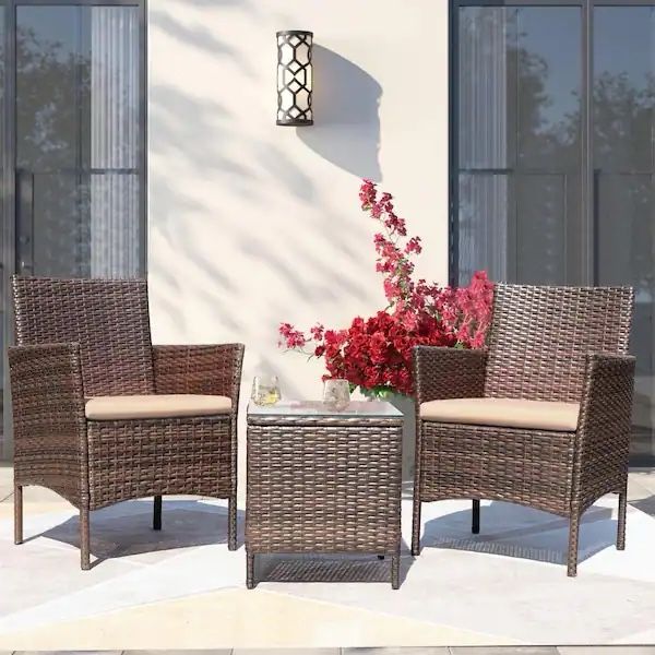 Brown 3-Pieces Patio Furniture PE Rattan Outdoor Conversation Set w/Table Backyard Garden Set with Beige Cushion brand new in box $100 H17(4)