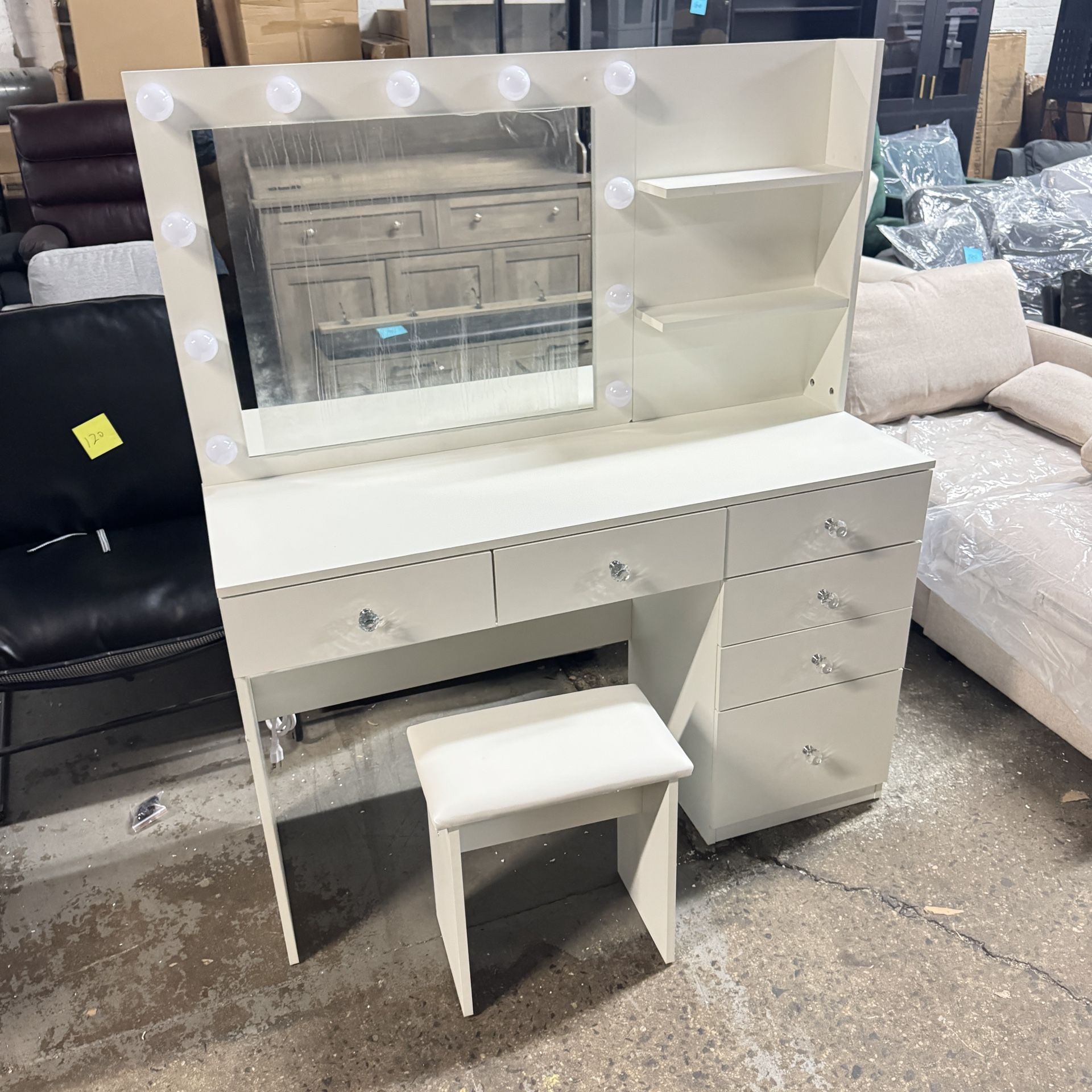 Vanity with Lights - 47" Makeup Vanity Desk with Power Outlet, Storage Shelves and 6 Drawers, 3 Color Lighting Modes with Adjustable Brightness, Makeu