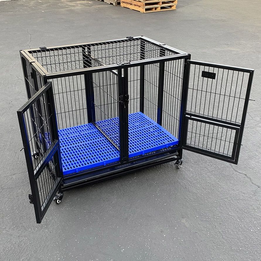 $130 (Brand New) Folding dog cage 37x25x33” heavy duty double door kennel w/ divider, plastic tray