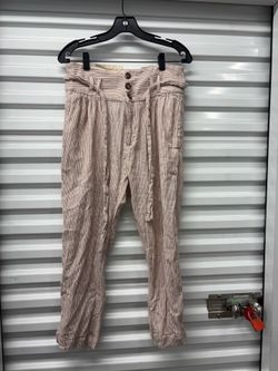 Free People Women's Beige Brown Striped Paperbag Pants Pleated Belted Twill