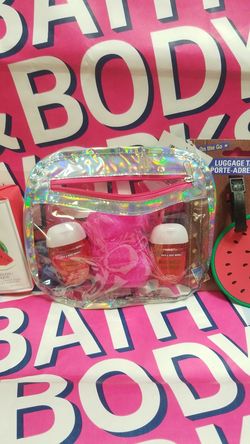 🍉6 pc. Watermelon gift Set: (incl.: 2 Bath & Body Works Watermelon Lemonade🍉🍋 Pocketbacs, luggage Tag, Bar soap, Loofah & Clear Travel Bag