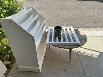Free Bookcase, baby gate, table, ceramic pot