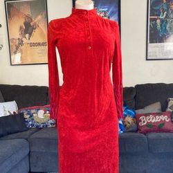 70s/80s Red Terry Cloth Button Up Shirtwaist Dress W/Fringe Sleeves - S/M