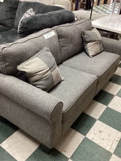 Gray Fabric Loveseat with Throw Pillows