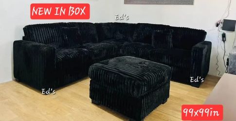 Black Corduroy Sectional Sofa with Ottoman