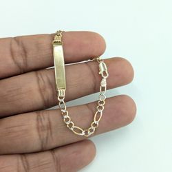 10kt Real Gold Solid Figaro Diamond Cut ID Bracelet 