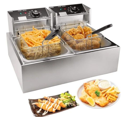 Commercial Deep Fryer with Basket, 3400W 12.7QT/12L, Detachable Large Capacity Stainless Steel Countertop Electric Oil Fryer with Temperature Control
